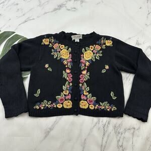 Michelle Stuart Womens Vintage 90s Cardigan Sweater Size M Black Yellow Floral